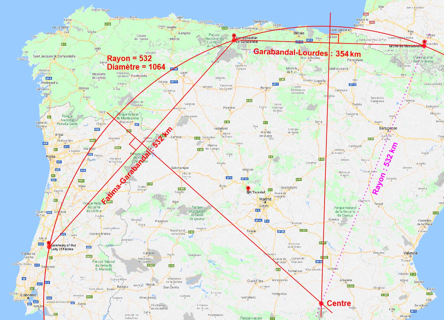 Cercle des trois lieux avec trace du centre